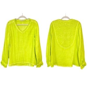 Soft Surroundings Neon Yellow Gauze Crochet Back Top size L nwt